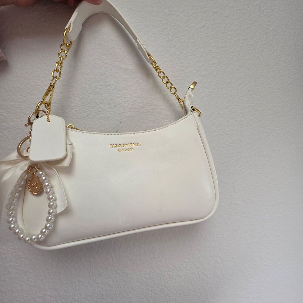 Fashion 8 Bags White Shoulder Bag Purse – Gold Chain Strap & Pearl Charm
